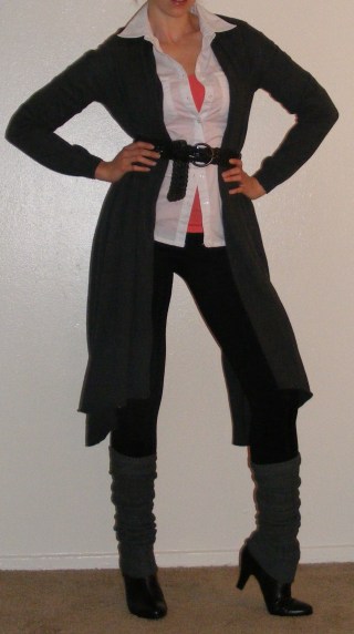 Black Leggings, White Button-up & Grey Wrap Sweater