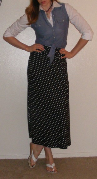 Black Maxi Skirt & White Button-Up with Chambray Vest