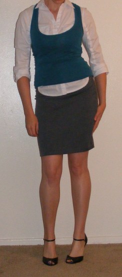Grey Pencil Skirt, White Button-up & Blue Tank