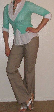 Khaki Pants, White Button-Up and Aqua Cartigan