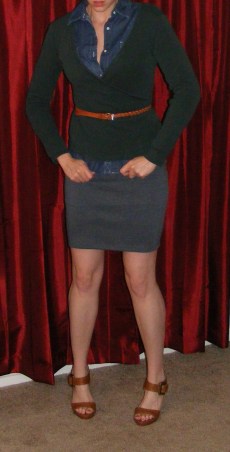 Chambray w Green Top & Grey Pencil Skirt