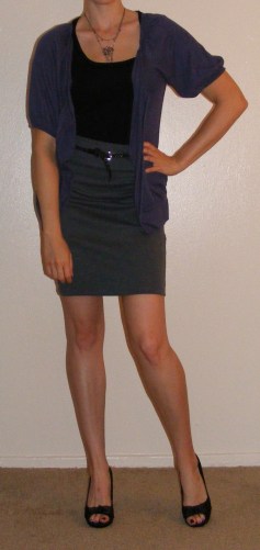 Grey Pencil Skirt and Purple Cartigan