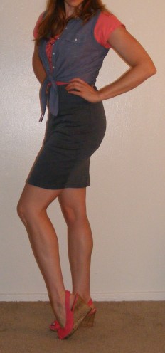 Grey Pencil Skirt, Coral Top & Chambray Vest