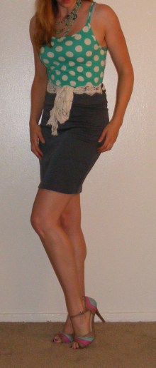 Grey Pencil Skirt & Green Polka-Dot Tank