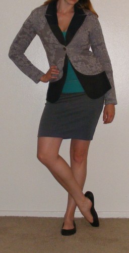 Grey Pencil Skirt, Navy Blazer & Grey Sweater