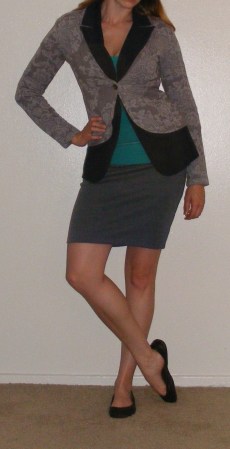 Grey Pencil Skirt, Navy Blazer & Grey Sweater