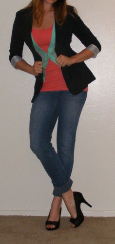 Faded Skinny Jeans, Coral Tank & Navy Blazer
