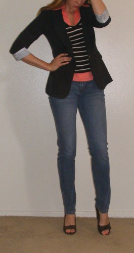 Faded Skinny Jeans, Coral Wrap top & Navy Blazer