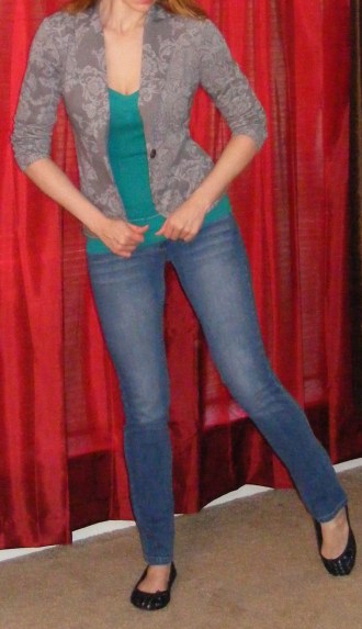 Faded Skinny Jeans & Jade Top, Grey Blazer Sweater