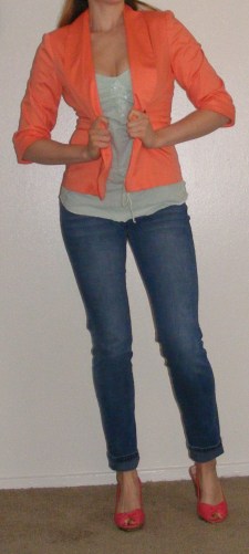Faded Skinny Jeans, Mint Tank & Orange Blazer