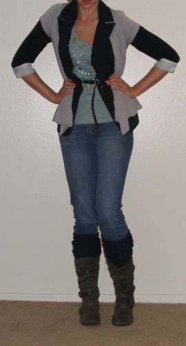 Faded Skinny Jeans, Navy Blazer & Grey Vest