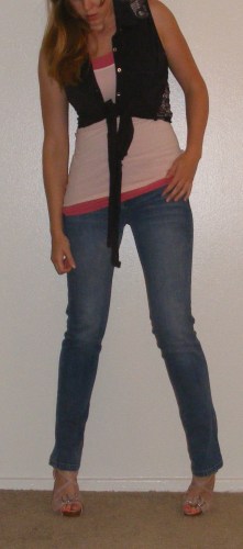 Faded Skinny Jeans, Pink Tank & Blue Tie Top