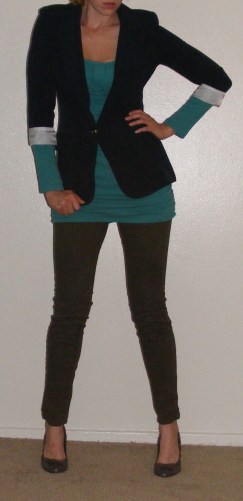 Navy Blazer, Green Tunic & Brown Leggings